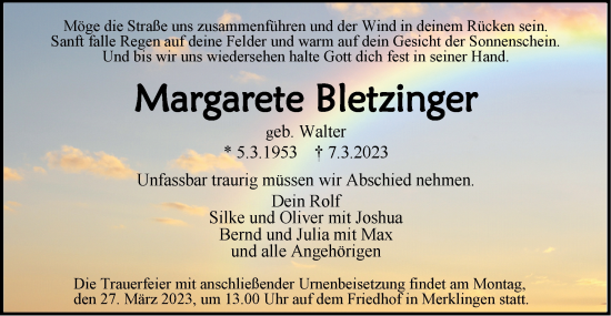 Traueranzeige von Margarete Bletzinger von SÜDWEST PRESSE Ausgabe Ulm/Neu-Ulm