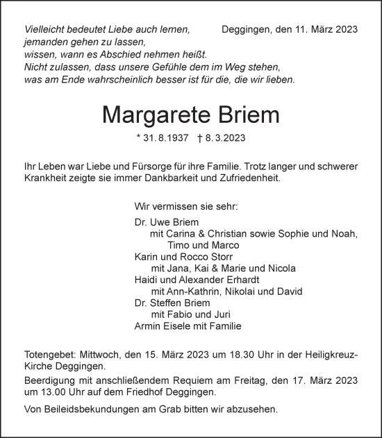 Traueranzeige von Margarete Briem von NWZ Neue Württembergische Zeitung/Geislinger Zeitung