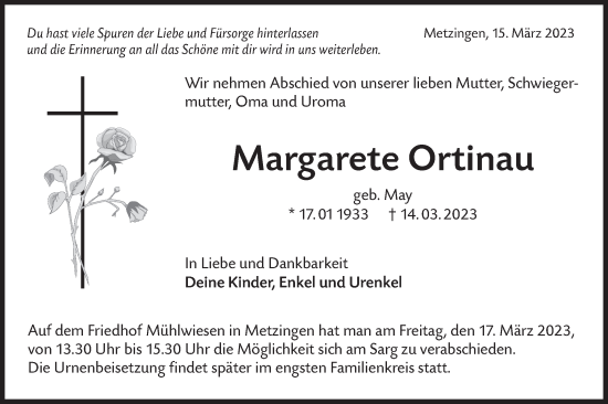 Traueranzeige von Margarete Ortinau von Metzinger-Uracher Volksblatt