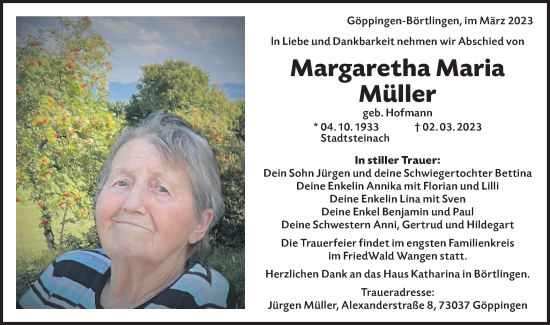 Traueranzeige von Margaretha Maria Müller von NWZ Neue Württembergische Zeitung