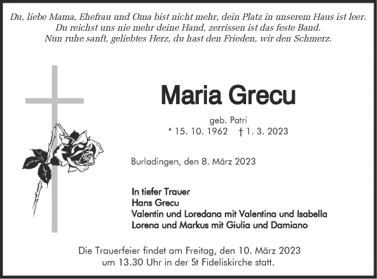 Traueranzeige von Maria Grecu von Metzinger-Uracher Volksblatt