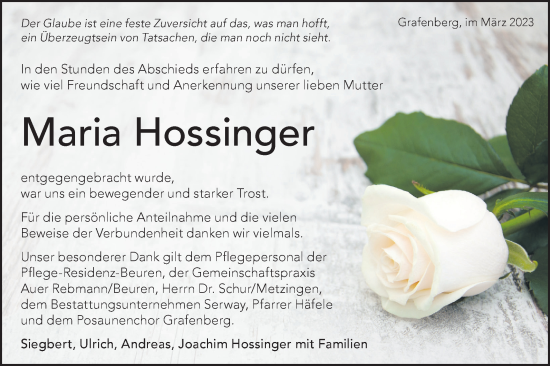 Traueranzeige von Maria Hossinger von Metzinger-Uracher Volksblatt