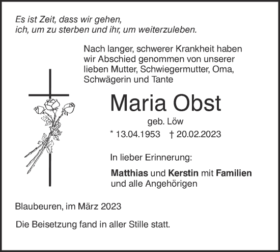 Traueranzeige von Maria Obst von SÜDWEST PRESSE Ausgabe Ulm/Neu-Ulm