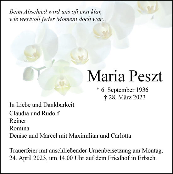 Traueranzeige von Maria Peszt von SÜDWEST PRESSE Ausgabe Ulm/Neu-Ulm