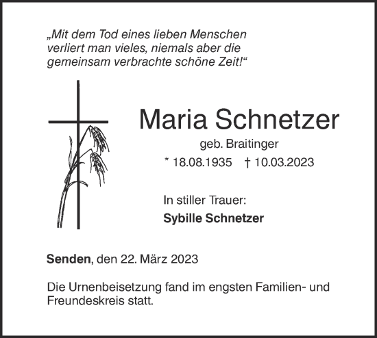 Traueranzeige von Maria Schnetzer von SÜDWEST PRESSE Ausgabe Ulm/Neu-Ulm