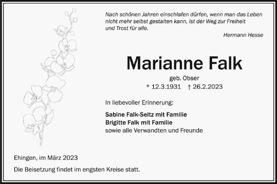 Traueranzeige von Marianne Falk von Ehinger Tagblatt