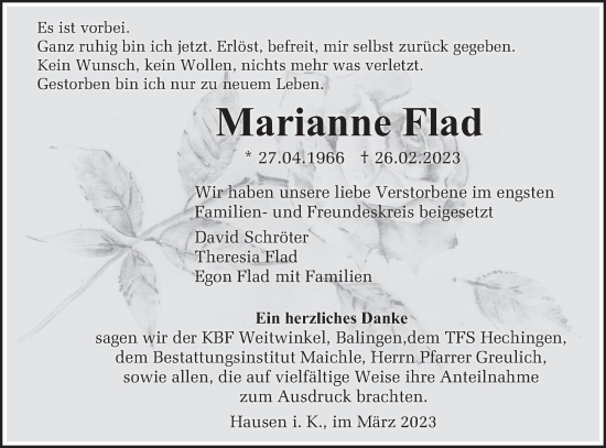 Traueranzeige von Marianne Flad von Metzinger-Uracher Volksblatt