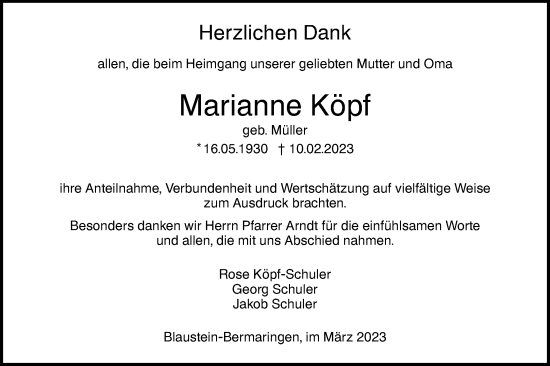 Traueranzeige von Marianne Köpf von SÜDWEST PRESSE Ausgabe Ulm/Neu-Ulm