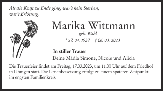 Traueranzeige von Marika Wittmann von NWZ Neue Württembergische Zeitung