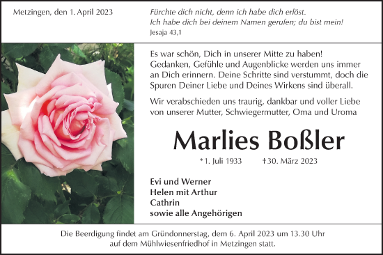 Traueranzeige von Marlies Boßler von Metzinger-Uracher Volksblatt