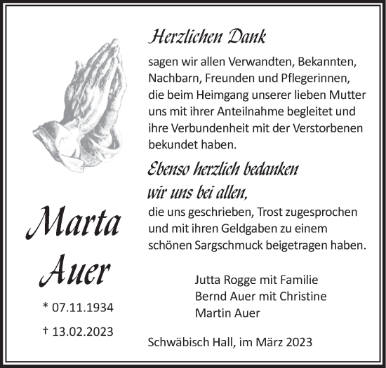 Traueranzeige von Marta Auer von Haller Tagblatt