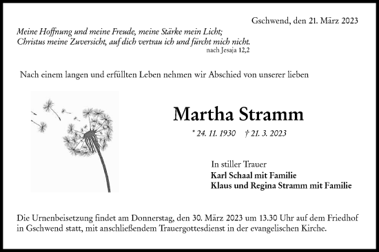 Traueranzeige von Martha Stramm von Rundschau Gaildorf