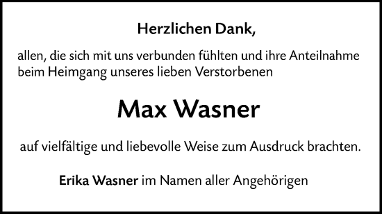 Traueranzeige von Max Wasner von Ehinger Tagblatt