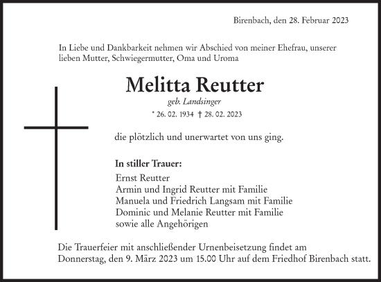 Traueranzeige von Melitta Reutter von NWZ Neue Württembergische Zeitung