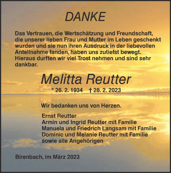 Traueranzeige von Melitta Reutter von NWZ Neue Württembergische Zeitung