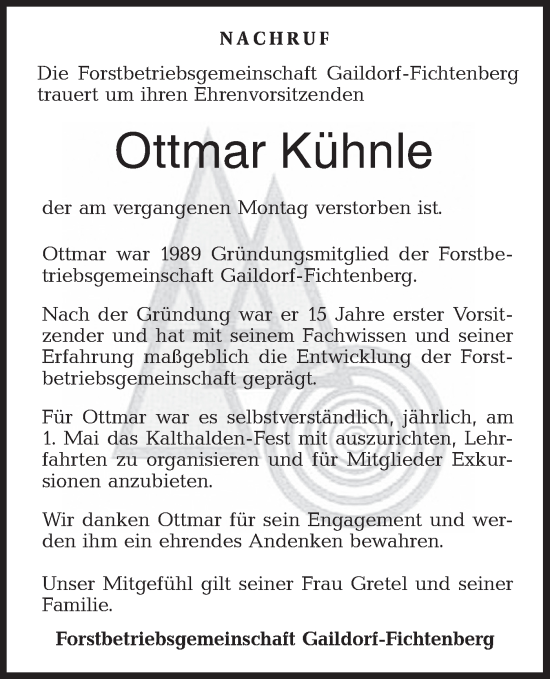 Traueranzeige von Ottmar Kühnle von Rundschau Gaildorf