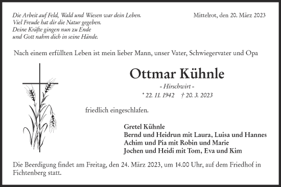 Traueranzeige von Ottmar Kühnle von Rundschau Gaildorf