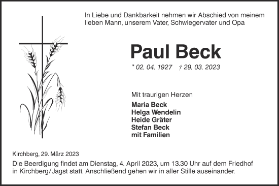 Traueranzeige von Paul Beck von Hohenloher Tagblatt