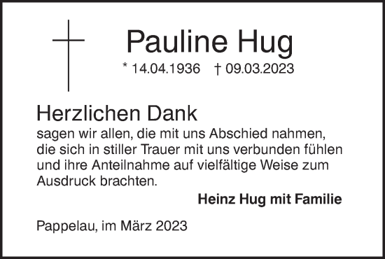 Traueranzeige von Pauline Hug von SÜDWEST PRESSE Ausgabe Ulm/Neu-Ulm