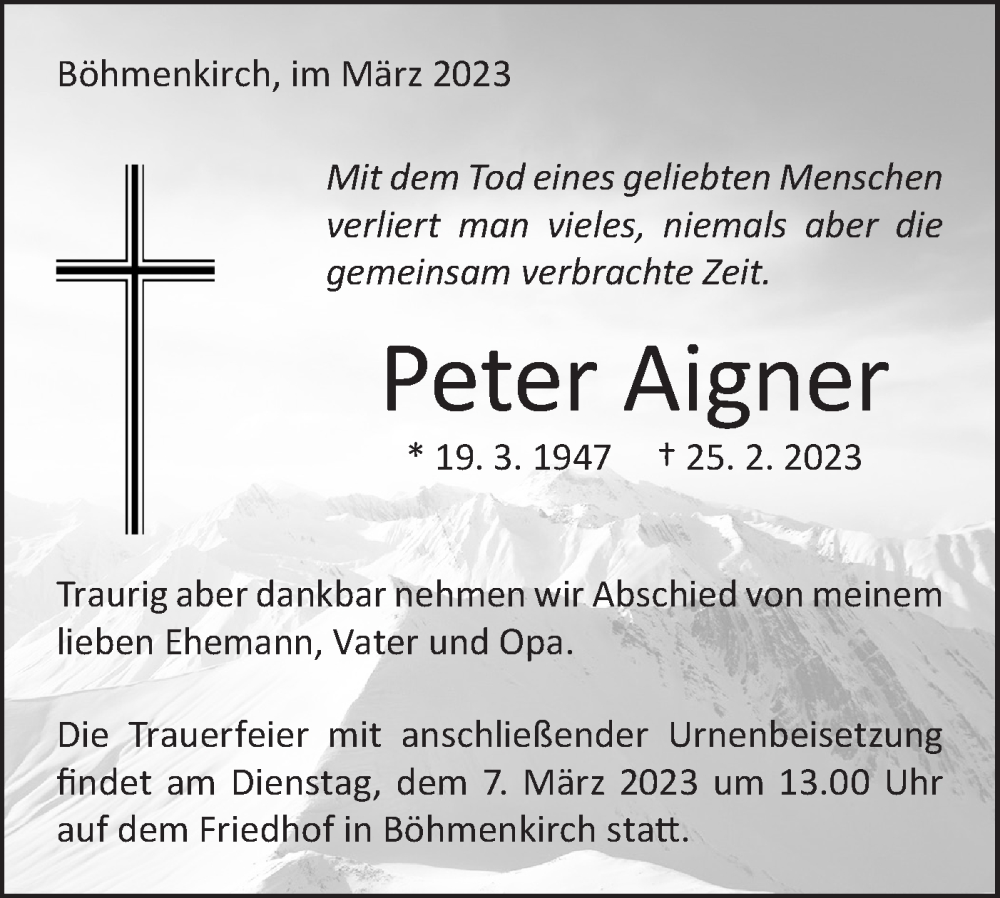 Traueranzeigen von Peter Aigner S dwest Presse Trauer