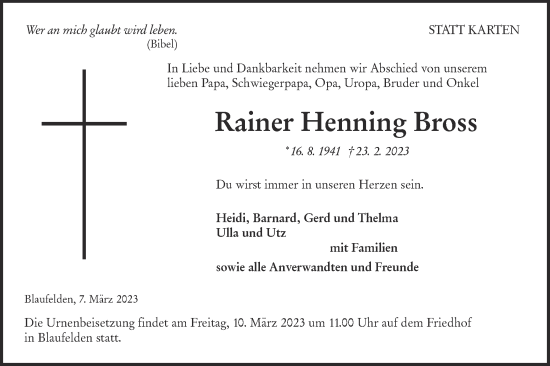 Traueranzeige von Rainer Henning Bross von Hohenloher Tagblatt