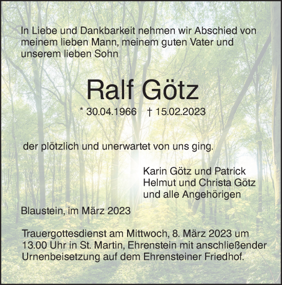 Traueranzeige von Ralf Götz von SÜDWEST PRESSE Ausgabe Ulm/Neu-Ulm