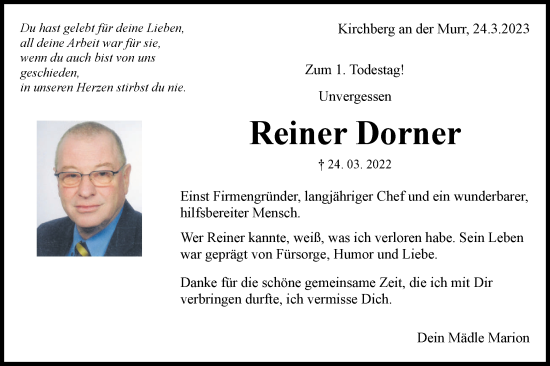 Traueranzeige von Reiner Dorner von Rundschau Gaildorf