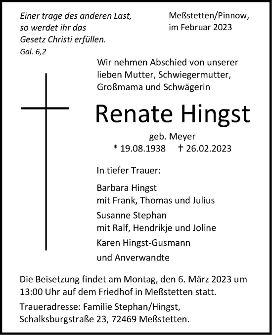 Traueranzeige von Renate Hingst von Metzinger-Uracher Volksblatt