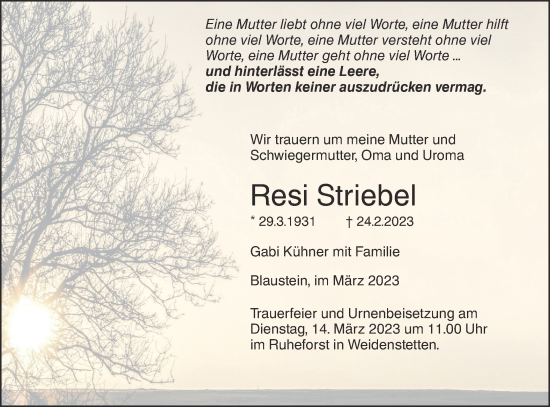 Traueranzeige von Resi Striebel von SÜDWEST PRESSE Ausgabe Ulm/Neu-Ulm