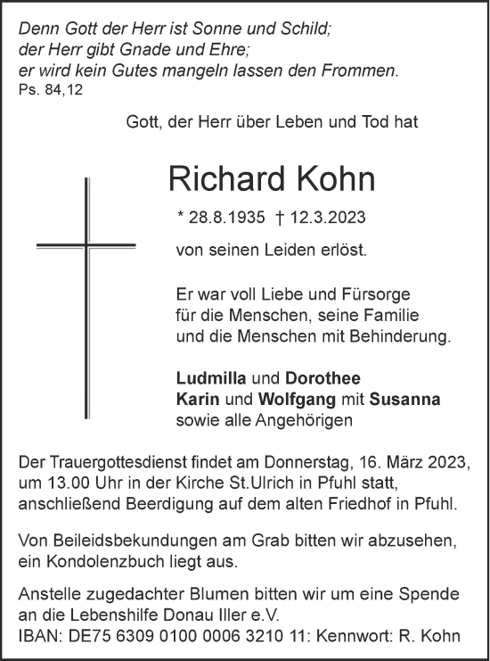 Traueranzeige von Richard Kohn von SÜDWEST PRESSE Ausgabe Ulm/Neu-Ulm