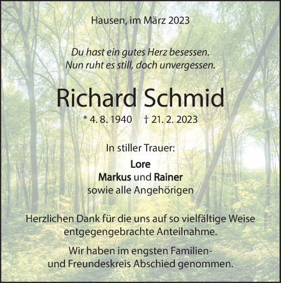 Traueranzeige von Richard Schmid von Geislinger Zeitung