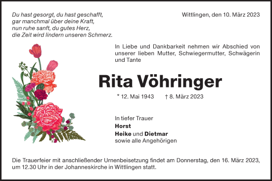 Traueranzeige von Rita Vöhringer von Metzinger-Uracher Volksblatt