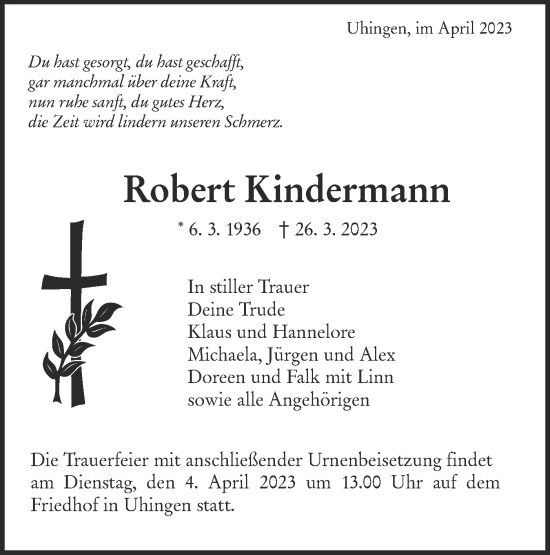 Traueranzeige von Robert Kindermann von NWZ Neue Württembergische Zeitung