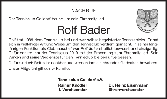 Traueranzeige von Rolf Bader von Rundschau Gaildorf