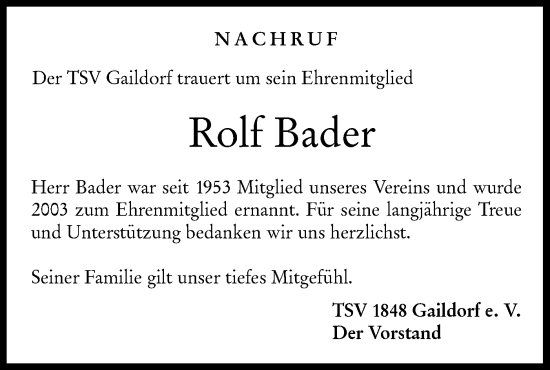 Traueranzeige von Rolf Bader von Rundschau Gaildorf