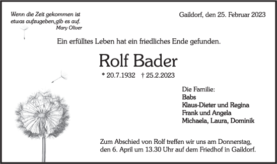 Traueranzeige von Rolf Bader von Rundschau Gaildorf