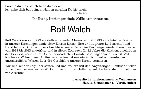 Traueranzeige von Rolf Walch von Hohenloher Tagblatt