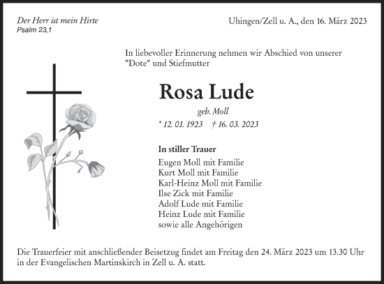 Traueranzeige von Rosa Lude von NWZ Neue Württembergische Zeitung