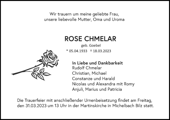 Traueranzeige von Rose Chmelar von Haller Tagblatt