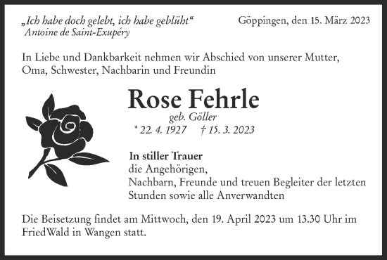 Traueranzeige von Rose Fehrle von NWZ Neue Württembergische Zeitung