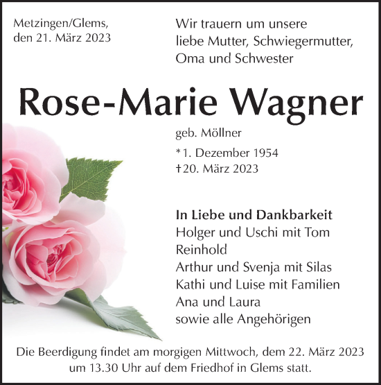 Traueranzeige von Rose-Marie Wagner von Metzinger-Uracher Volksblatt