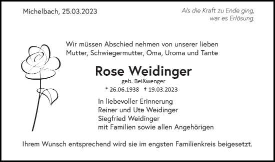 Traueranzeige von Rose Weidinger von Haller Tagblatt