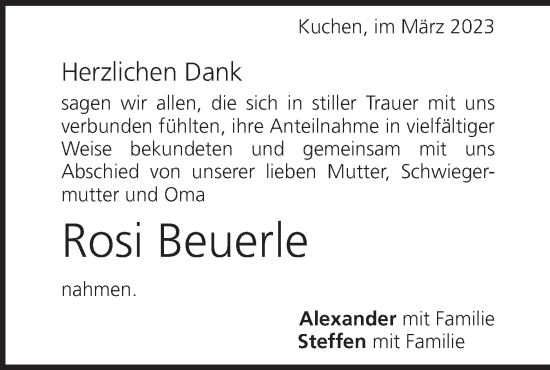 Traueranzeige von Rosemarie Beuerle von Geislinger Zeitung