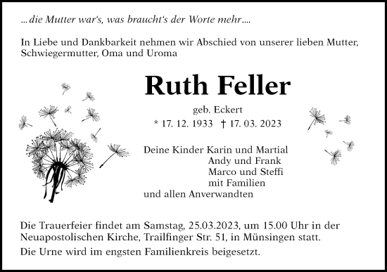 Traueranzeige von Ruth Feller von Alb-Bote/Metzinger-Uracher Volksblatt