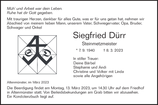 Traueranzeige von Siegfried Dürr von Hohenloher Tagblatt