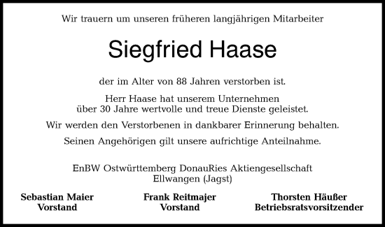 Traueranzeige von Siegfried Haase von Hohenloher Tagblatt