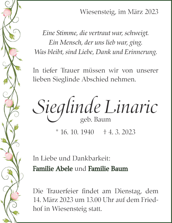 Traueranzeige von Sieglinde Linaric von Geislinger Zeitung