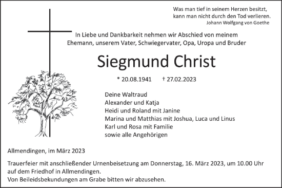 Traueranzeige von Siegmund Christ von Ehinger Tagblatt