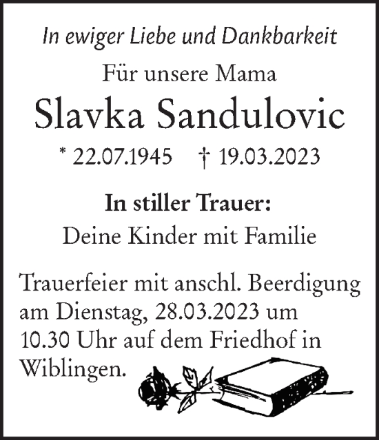 Traueranzeige von Slavka Sandulovic von SÜDWEST PRESSE Ausgabe Ulm/Neu-Ulm