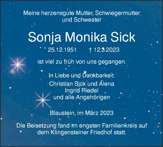 Traueranzeige von Sonja Monika Sick von SÜDWEST PRESSE Ausgabe Ulm/Neu-Ulm